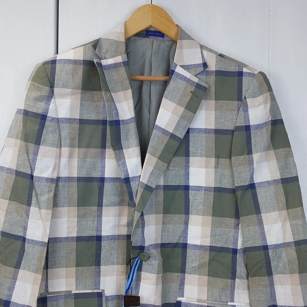 Blu Martini |Green/Tan Neutral Plaid Blazer Linen Sports Coat Preppy Sz.40L